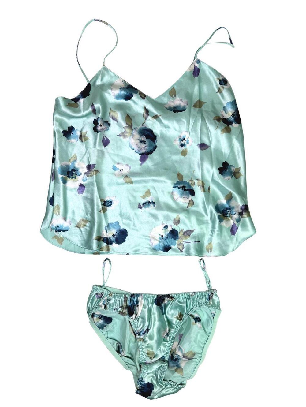 Vintage JCPenney Satin Floral Cami Pajama Set Mint Blue Y2K Size Small